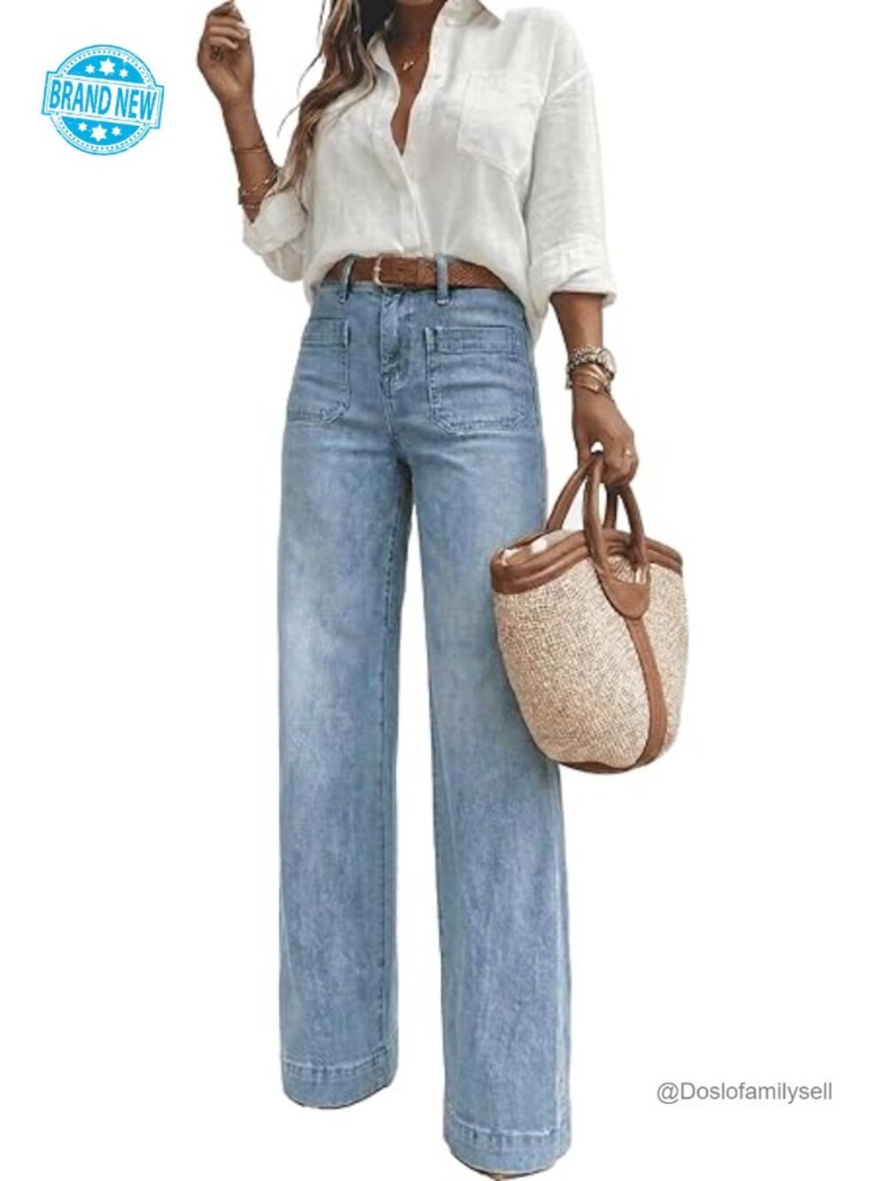 High Waisted Wide Leg Jeans with Retro Patch Pockets Stretchy 70s Vintage Loose